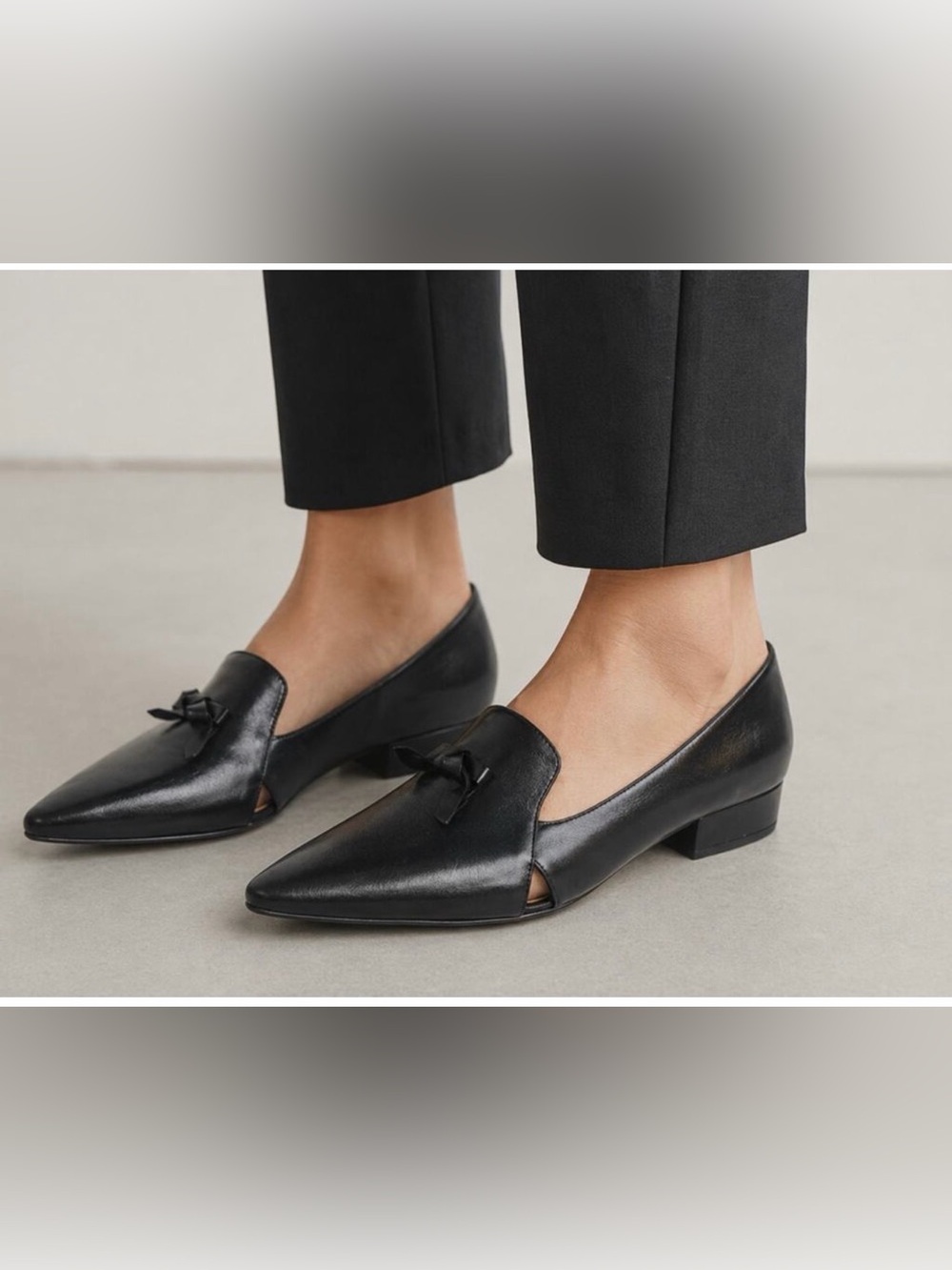 Cole Haan Black Leather Pointed-Toe Flats with Bow Accent
